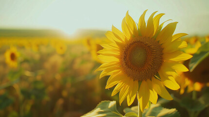 Beautiful blooming sunflower in field closeup view