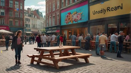 The lively atmosphere of a cafe situated on a bustling urban street during daytime is depicted in this 4K looping video, with the steady stream of people passing by.
