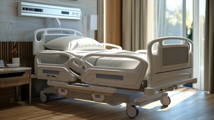 Fototapeta premium Hospital bed with safety rails and attached medical equipment in a modern hospital room.