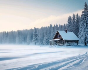 Nature background a picturesque winter landscape featuring a snow-covered field, frost-covered trees, and a cozy cabin with smoke rising from its chimney