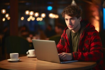 A young man is sitting in a cafe and enjoying hot drink while using a laptop