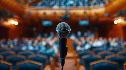 Professional conference microphone on stage with blurred audience in the background.
