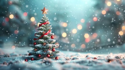 A whimsical Christmas tree covered in snow, illuminated by colorful lights and surrounded by a winter wonderland