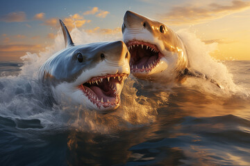 A pair of great white sharks with an open mouth and sharp teeth jumps out of the ocean waves at sunset