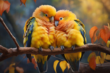 Two lovebirds cuddle on a tree branch with yellow and orange leaves on a blue background