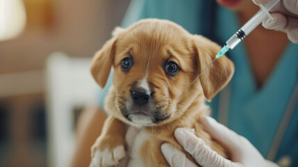 A puppy is being injected with a syringe by a veterinarian in a clinical setting. Veterinary clinic.