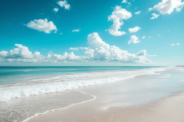 Pristine white sands meet crystal clear waves under a blue sky dotted with cumulus clouds