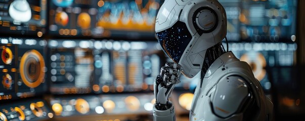 Robot examining complex data charts, futuristic office, cool blue tones, front angle