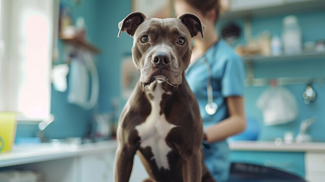 A dog is sitting calmly on a table surrounded by veterinary tools and equipment in a professional vets office. Close up of a beautiful Staffordshire terrier dog at the veterinarian. 