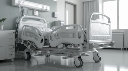 The hospital room is empty, with two beds and a curtain. The room is clean and modern.