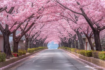 Sakura Tree Tunnel: Arching branches forming a tunnel of cherry blossoms. 