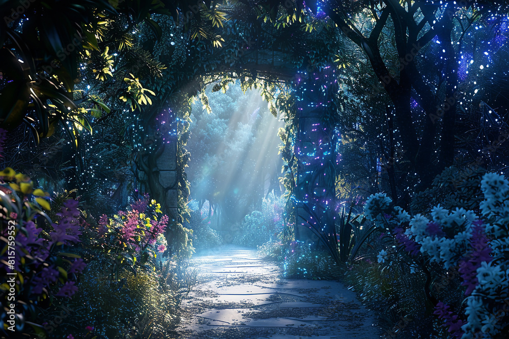 Poster Mystical Portal Opening in Enchanted Garden at Twilight  