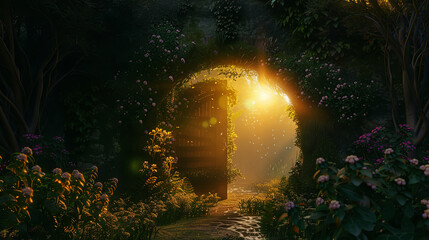Mystical Portal Opening in Enchanted Garden at Twilight  