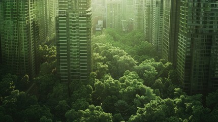 green forest slowly transitioning into an urban cityscape, symbolizing change from nature to...
