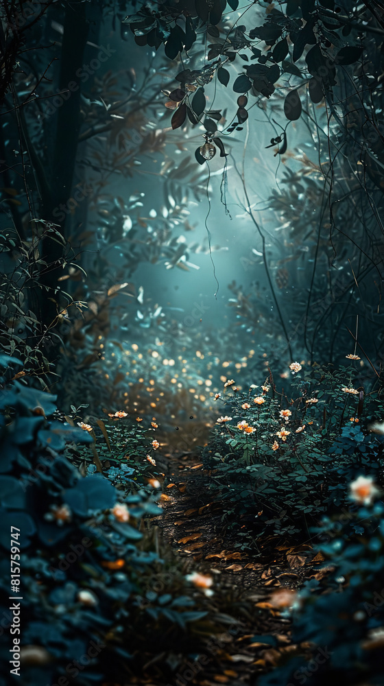 Canvas Prints dark enchanted forest path with luminous flowers and mist
