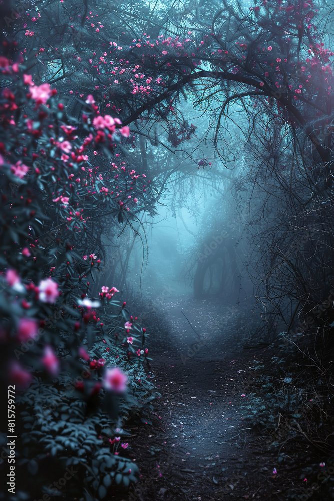 Sticker Dark Enchanted Forest Path with Luminous Flowers and Mist  