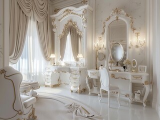 A stunning dressing room boasting gold accents and elegant furniture, radiating opulence and style