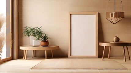 Japanese style wooden cabinet poster mockup, blank vertical clear frame for wall art mockup on table, soft bronze color wall theme of the room, interior design background