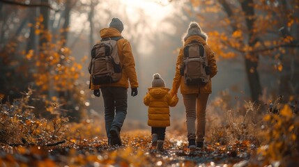 Taking a walk in the autumn forest with children, a young family takes a stroll through the woods.