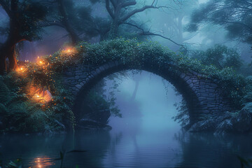 Enchanted Stone Bridge Over Magical River at Dusk in Fantasy Land  