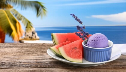 lavender ice cream served with watermelon on wooden table blurred seascape in the background...