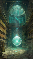 Ancient Wizard's Library with Mystical Artifacts and Magical Books