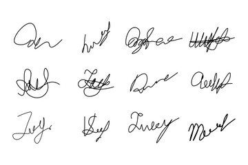 Fake manual signature for documents. Handwritten autograph set. Scrawl signature