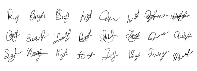 Fake manual signature for documents. Handwritten autograph set. Scrawl signature