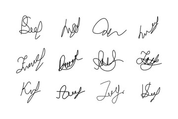 Fake manual signature for documents. Handwritten autograph set. Scrawl signature