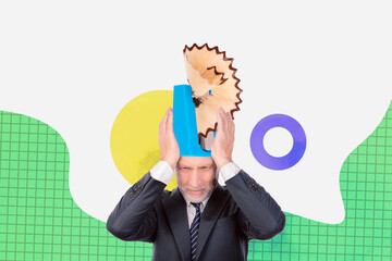 Composite photo collage of upset stressed old man instead head sharpener depression work problem...