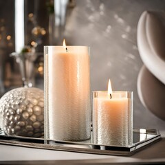 A close-up view of a single glass candle with a textured exterior, sitting on a mirrored tray, reflecting its flickering flame and adding a touch of sophistication to the decor