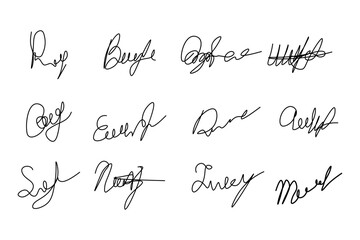Fake manual signature for documents. Handwritten autograph set. Scrawl signature