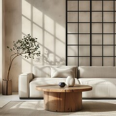 A contemporary living room featuring a large couch, round coffee table, sunlight casting shadows on the wall