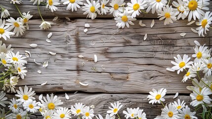 A background of vibrant white daisies scattered around a rustic wooden surface.