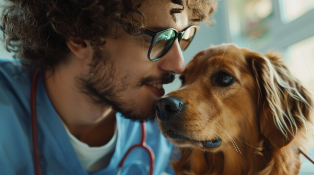 A veterinarian in his clinic affectionately kisses a dog, showing care and love towards his furry patient. male veterinarian, during an examination at the clinic, close-up shot, world veterinarian Day