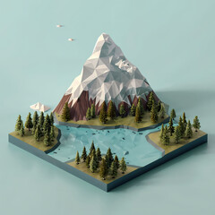 3D Mountain With Trees and Lake. Generative AI