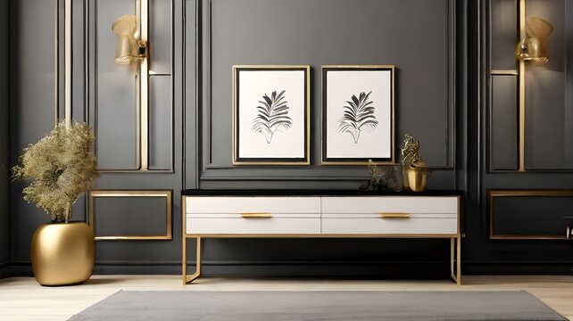 Luxury wall art mockup with sofa, blank vertical empty frame for wall art mockup living room, luxury vlack and golden color wall theme of the room, interior design background1