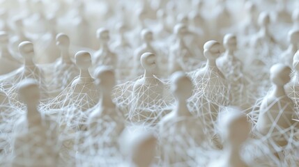 group of white, faceless mannequins, all wearing the same outfit