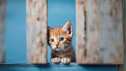 Kitten head with paws up peeking over blue wooden background. Little tabby cat curiously peeking...