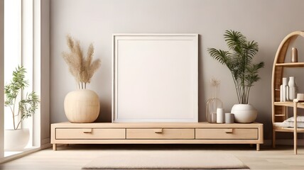 modern minimalist wall art mockup with drawer, blank empty frame for wall art mockup scandi-boho style living room, soft tale color wall theme of the room, interior design