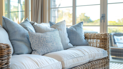 close up of light blue and white throw pillows on wicker sofa in coastal home living room with large windows