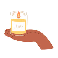 Scented candle in hand in flat style
