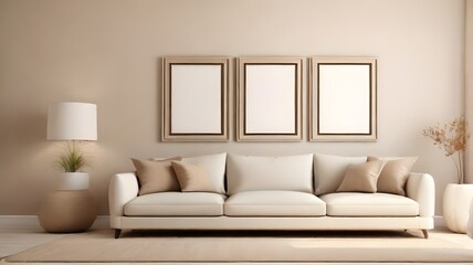 modern minimalist wall art mockup with sofa, blank empty frame for wall art mockup living room, soft ivory color wall theme of the room, interior design background