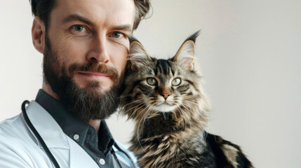 A man with a beard is holding a cat. Portrait of a veterinarian with a cat on a light background with space for text.