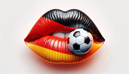 Lippen in den deutschen Farben schwrz, rot, gold mit einem Fußbal, 2024, copy space