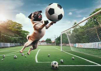 Ein Hund springt hoch und will einen Fußball vor dem Tor fangen. copy space. 