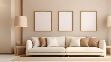 modern minimalist wall art mockup with sofa, blank empty frame for wall art mockup living room, soft ivory color wall theme of the room, interior design background