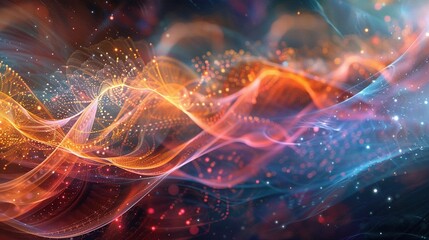 Quantum field theory visualization, particles and waves interacting, abstract art