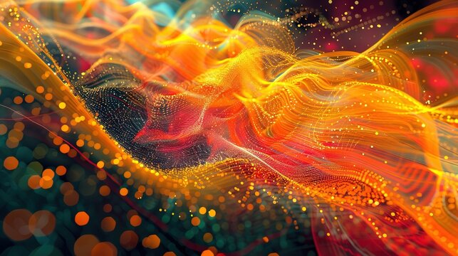 Quantum field theory visualization, particles and waves interacting, abstract art