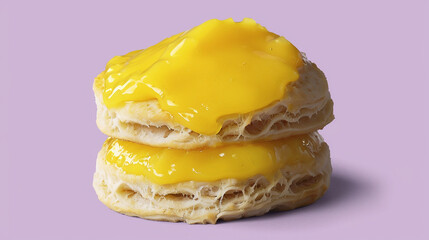 A vibrant yellow lemon curd spread generously over freshly baked scones, against a solid lavender background, offering a delightful and zesty treat for summer brunches and afternoon tea parties.